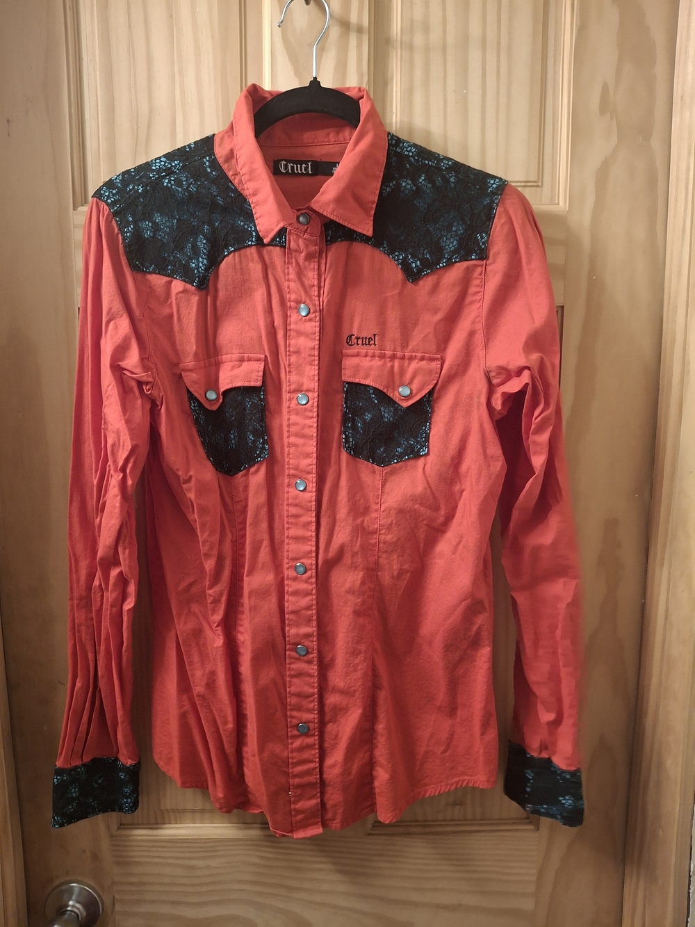 Cruel Girl Red Button-Down Western Shirt with Black Lace Accents